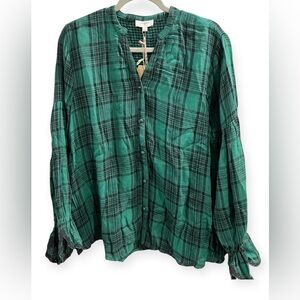 Umgee Women’s Green and Black Plaid Button Down with Ruffle Cuffs, Size Large
